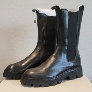 Black Leather Combat Moto Boots - Chunky Lug Sole